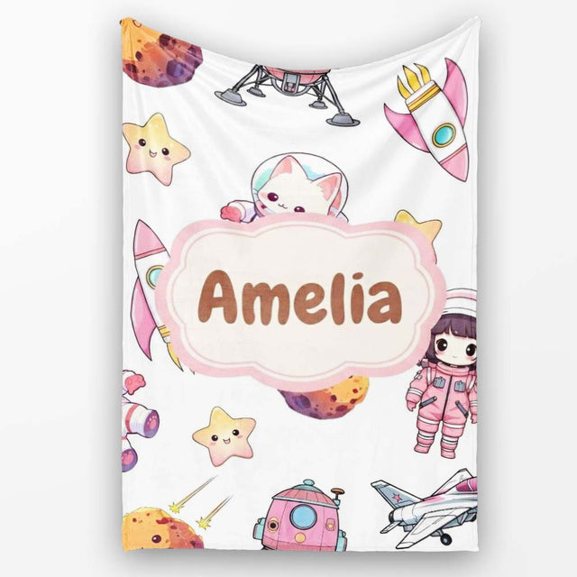 Cat Astronaut Girl Rockets Stars Space Seamless Grey Background  Personalised Custom Name Super Soft Fleece Blanket Bed Sofa Throw