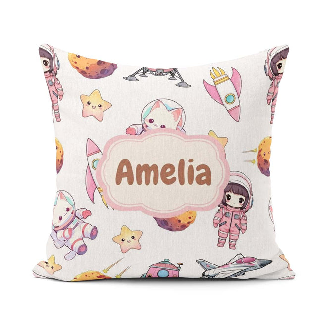 Custom Name Cat Astronaut Girl Rockets Stars Space Seamless Grey Square Filled Cushion Throw Pillow Sofa Bed Home Decor Zip Washable UK Made