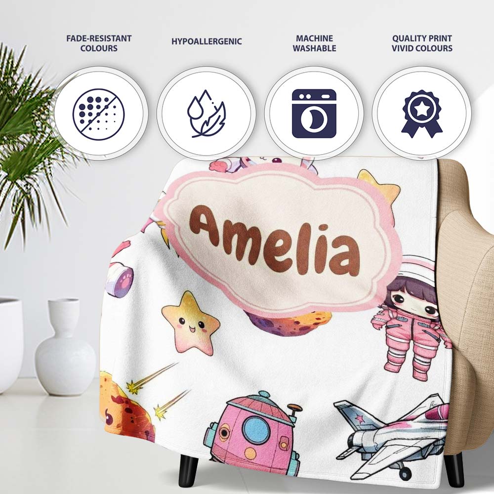 Cat Astronaut Girl Rockets Stars Space Seamless Grey Background  Personalised Custom Name Super Soft Fleece Blanket Bed Sofa Throw