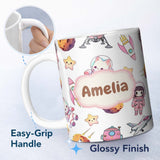 Personalized Custom Name Cat Astronaut Girl Rockets Stars Space Seamless Grey Background 11oz Ceramic Coffee Tea Mug White Large Handle