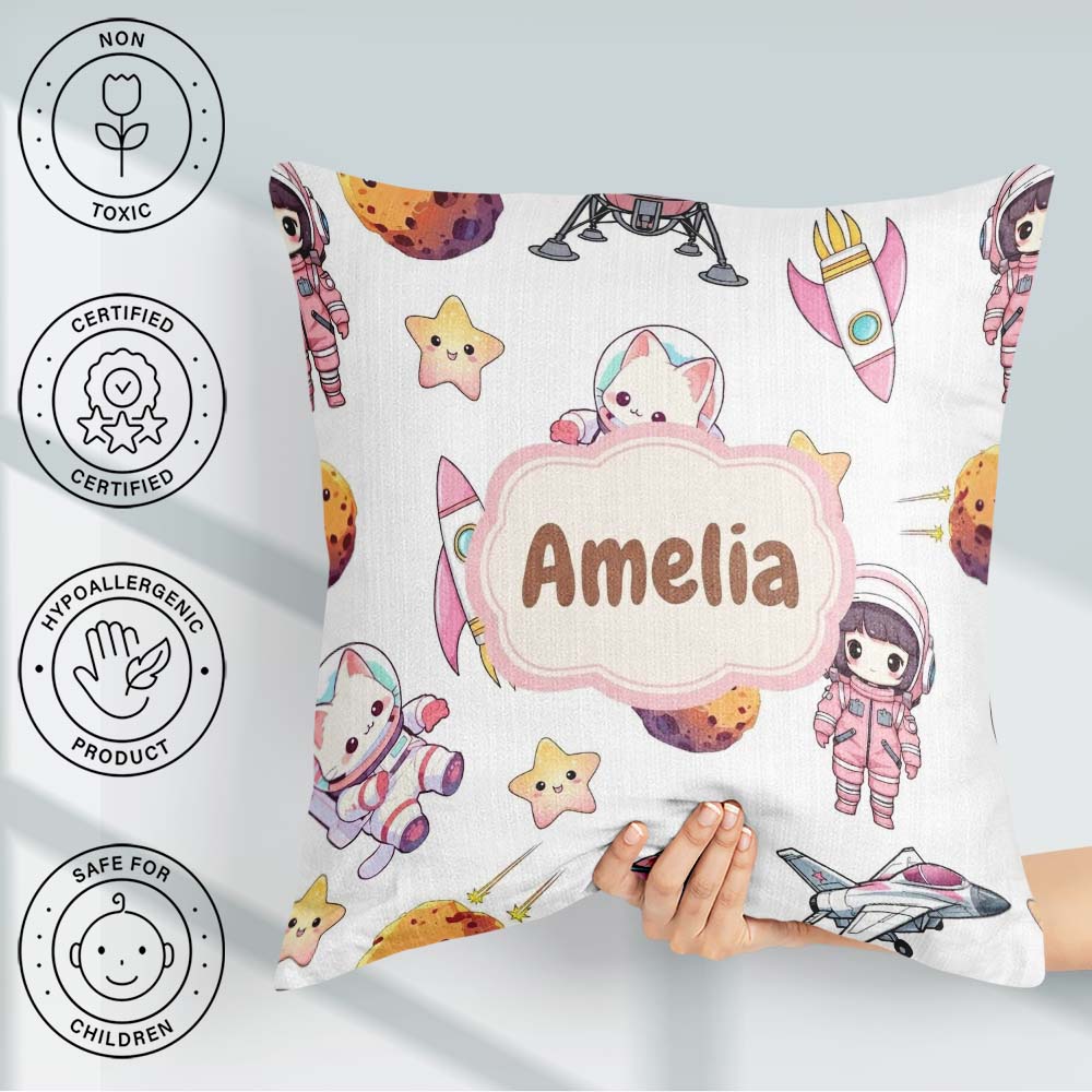 Custom Name Cat Astronaut Girl Rockets Stars Space Seamless Grey Square Filled Cushion Throw Pillow Sofa Bed Home Decor Zip Washable UK Made
