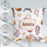 Custom Name Cat Astronaut Girl Rockets Stars Space Seamless Grey Square Filled Cushion Throw Pillow Sofa Bed Home Decor Zip Washable UK Made