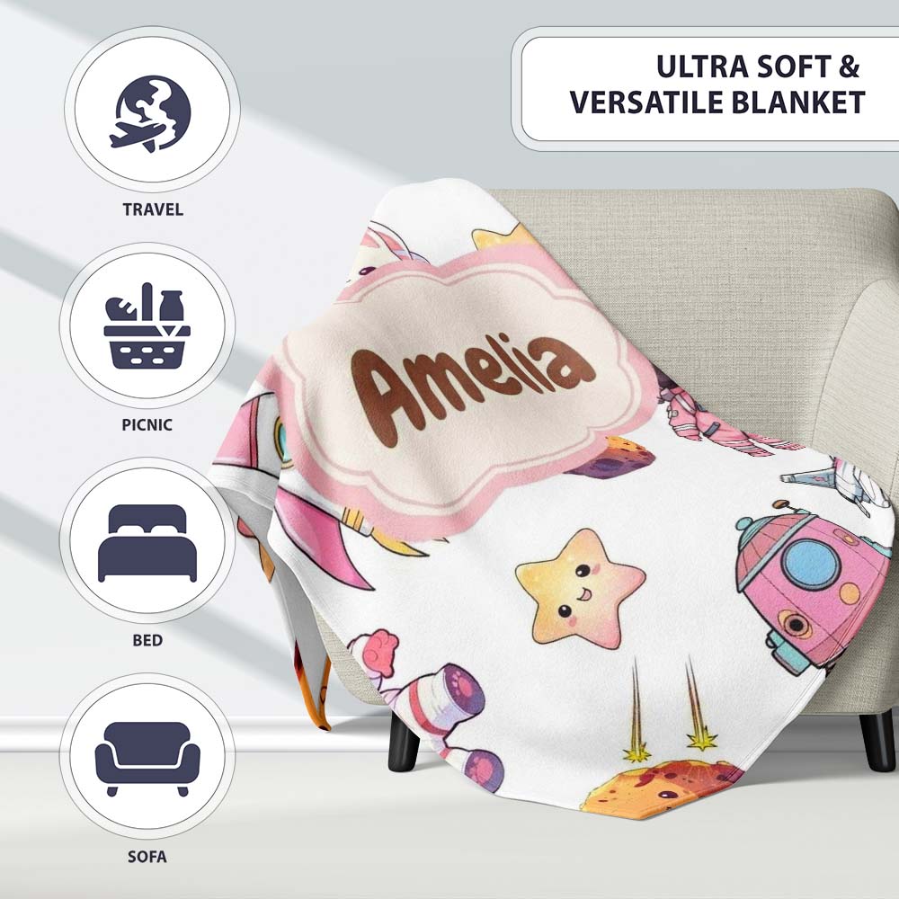Cat Astronaut Girl Rockets Stars Space Seamless Grey Background  Personalised Custom Name Super Soft Fleece Blanket Bed Sofa Throw