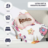 Cat Astronaut Girl Rockets Stars Space Seamless Grey Background  Personalised Custom Name Super Soft Fleece Blanket Bed Sofa Throw