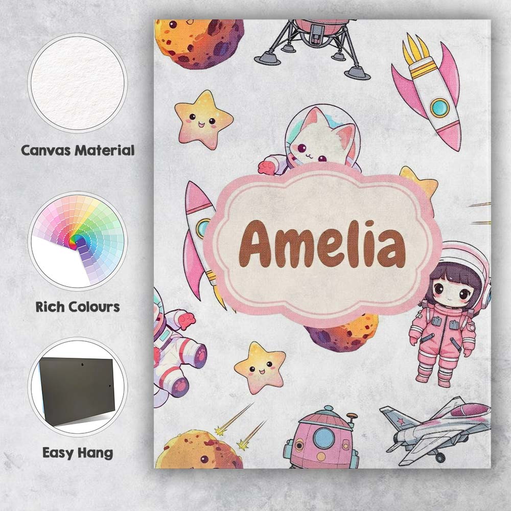 Personalised Name Cat Astronaut Girl Custom Premium Decorative Design Modern Room Accent Canvas Wall Art Print Decor Picture Ready to Hang