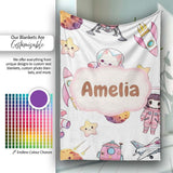 Cat Astronaut Girl Rockets Stars Space Seamless Grey Background  Personalised Custom Name Super Soft Fleece Blanket Bed Sofa Throw