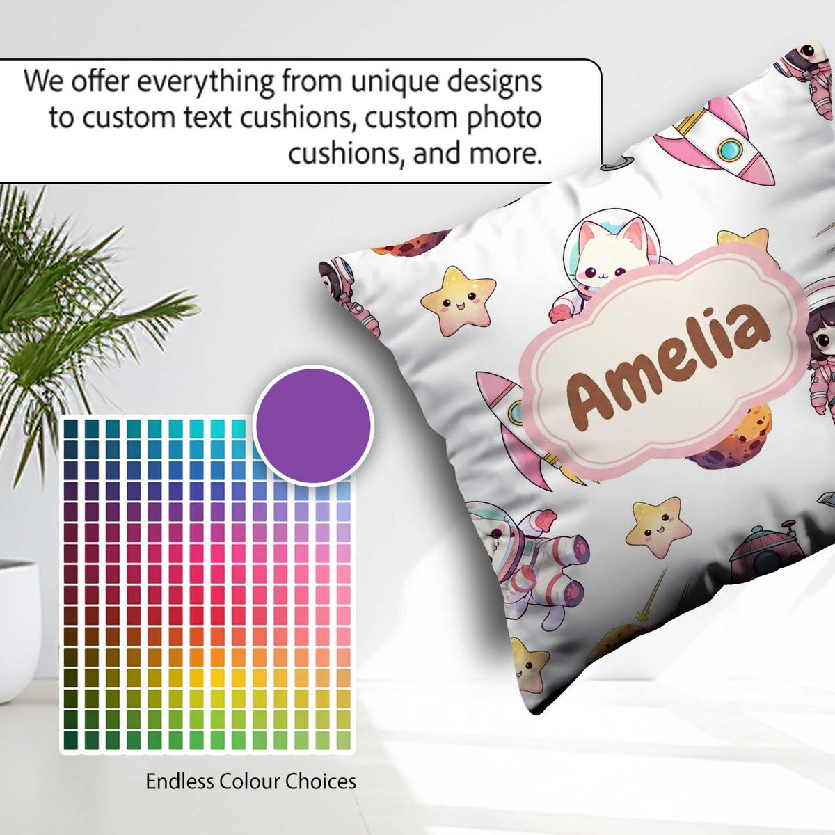 Custom Name Cat Astronaut Girl Rockets Stars Space Seamless Grey Square Filled Cushion Throw Pillow Sofa Bed Home Decor Zip Washable UK Made