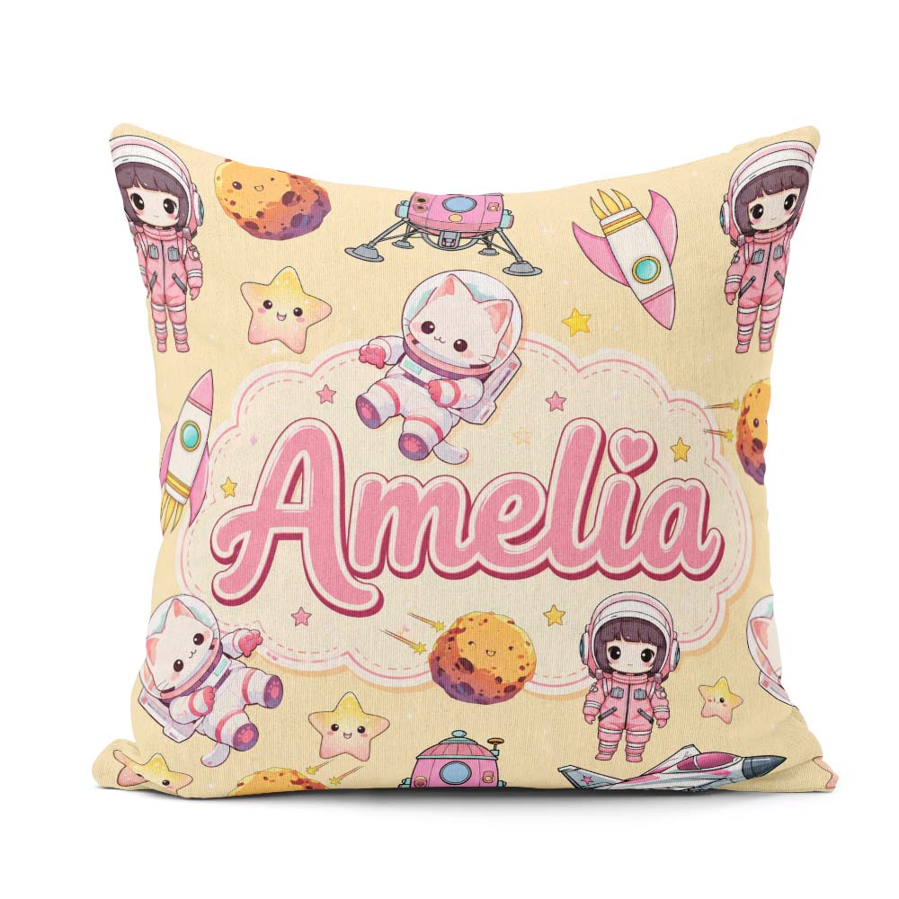 Custom Name Cat Astronaut Girl Rockets Stars Seamless Background Square Filled Cushion Throw Pillow Sofa Bed Home Decor Zip Washable UK Made