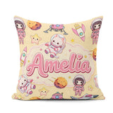 Custom Name Cat Astronaut Girl Rockets Stars Seamless Background Square Filled Cushion Throw Pillow Sofa Bed Home Decor Zip Washable UK Made
