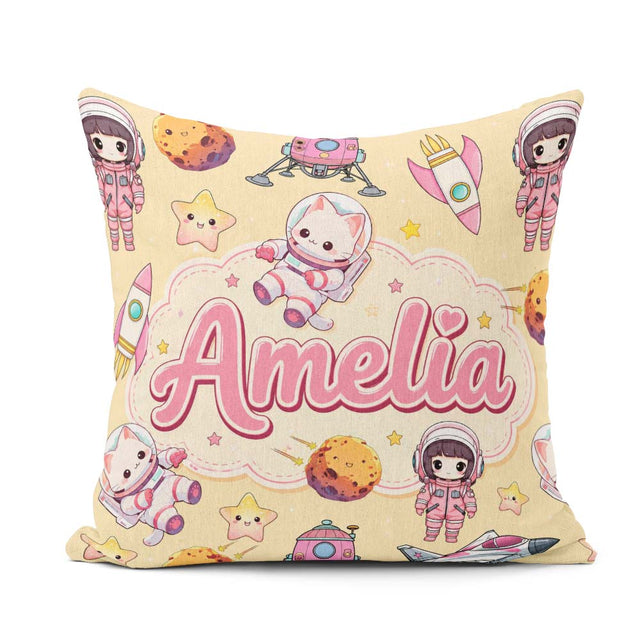 Custom Name Cat Astronaut Girl Rockets Stars Seamless Background Square Filled Cushion Throw Pillow Sofa Bed Home Decor Zip Washable UK Made