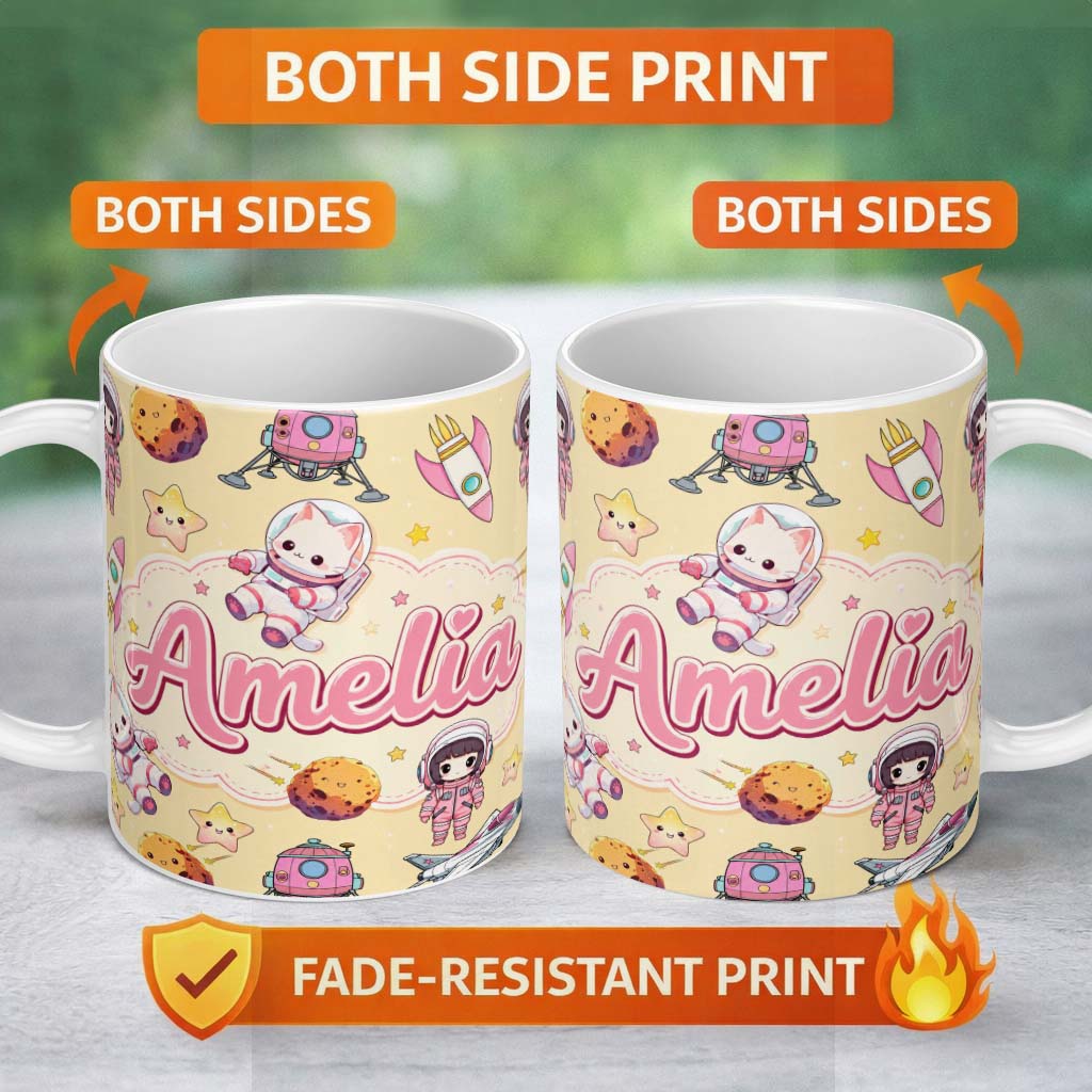 Personalized Custom Name Cat Astronaut Girl Rockets Stars Space Seamless Beige Background 11oz Ceramic Coffee Tea Mug White Large Handle