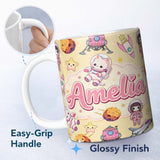 Personalized Custom Name Cat Astronaut Girl Rockets Stars Space Seamless Beige Background 11oz Ceramic Coffee Tea Mug White Large Handle