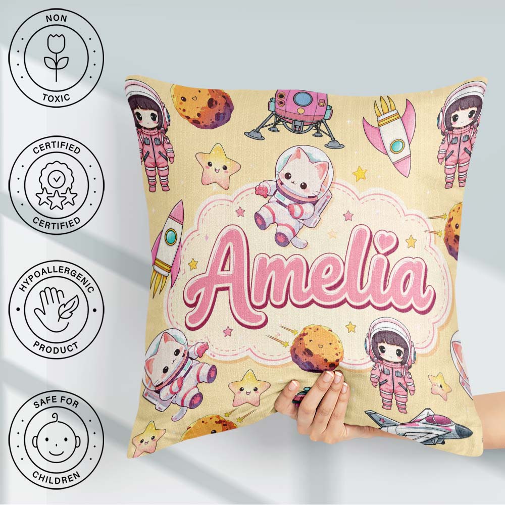 Custom Name Cat Astronaut Girl Rockets Stars Seamless Background Square Filled Cushion Throw Pillow Sofa Bed Home Decor Zip Washable UK Made