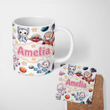 Personalized Custom Name Space Animals Astronaut Dog Bunny UFO Stars Planets Seamless White 11oz Ceramic Coffee Tea Mug White Large Handle