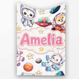 Space Animals Astronaut Dog Bunny UFO Stars Planets Seamless White  Personalised Custom Name Super Soft Fleece Blanket Bed Sofa Throw