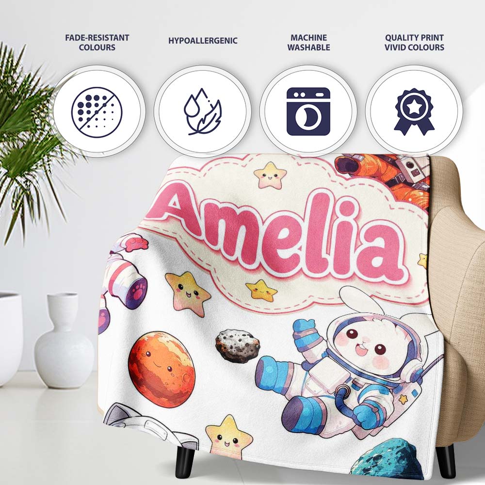 Space Animals Astronaut Dog Bunny UFO Stars Planets Seamless White  Personalised Custom Name Super Soft Fleece Blanket Bed Sofa Throw