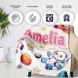 Space Animals Astronaut Dog Bunny UFO Stars Planets Seamless White  Personalised Custom Name Super Soft Fleece Blanket Bed Sofa Throw