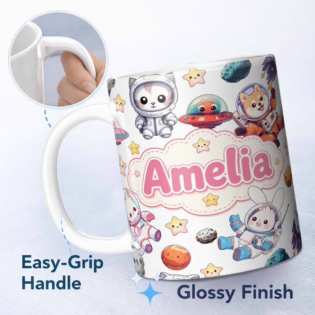Personalized Custom Name Space Animals Astronaut Dog Bunny UFO Stars Planets Seamless White 11oz Ceramic Coffee Tea Mug White Large Handle