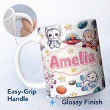 Personalized Custom Name Space Animals Astronaut Dog Bunny UFO Stars Planets Seamless White 11oz Ceramic Coffee Tea Mug White Large Handle