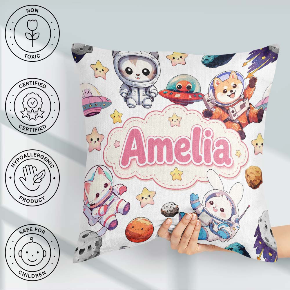 Custom Name Space Animals Astronaut Dog Bunny UFO Stars Seamless Square Filled Cushion Throw Pillow Sofa Bed Home Decor Zip Washable UK Made