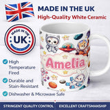 Personalized Custom Name Space Animals Astronaut Dog Bunny UFO Stars Planets Seamless White 11oz Ceramic Coffee Tea Mug White Large Handle