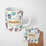 Personalized Custom Name Kids Astronaut Rockets Sun Earth Clouds Space Seamless White 11oz Ceramic Coffee Tea Mug White Large Handle