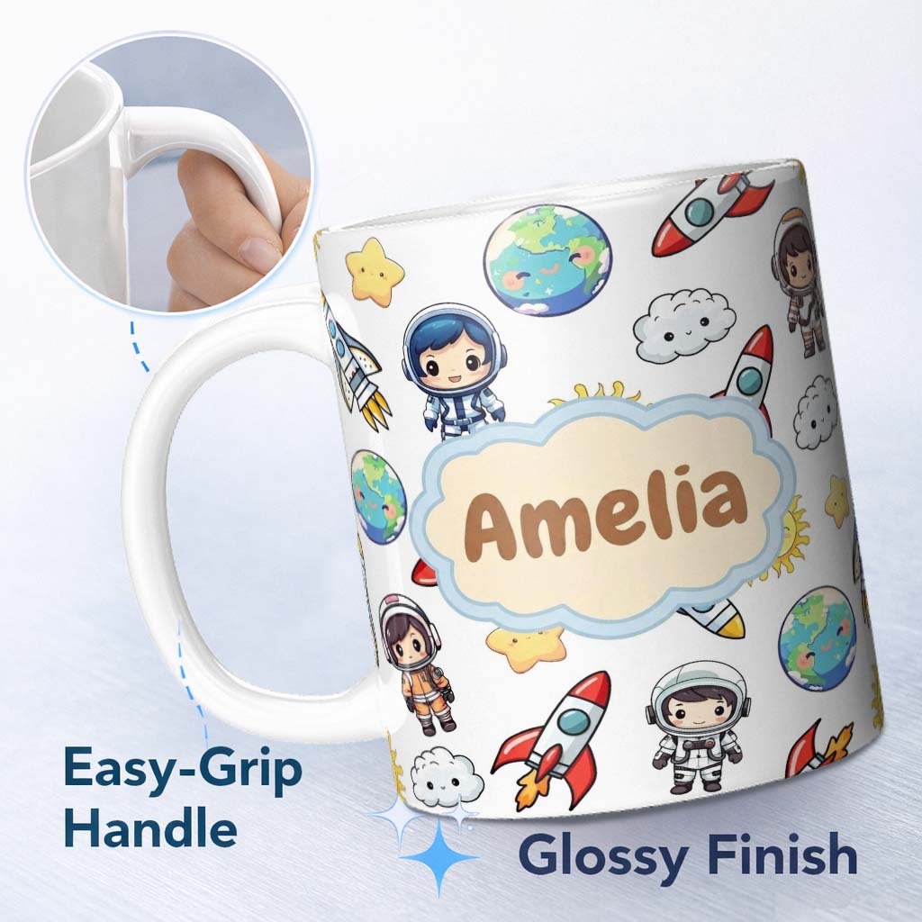 Personalized Custom Name Kids Astronaut Rockets Sun Earth Clouds Space Seamless White 11oz Ceramic Coffee Tea Mug White Large Handle