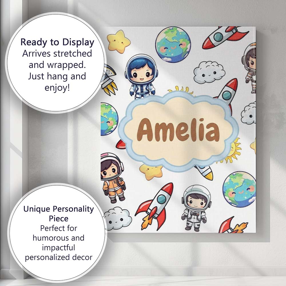 Personalised Name Kids Astronaut Rockets Custom  Unique Gift Idea Elegant Feature Canvas Wall Art Print Decor Picture Ready to Hang