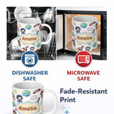 Personalized Custom Name Kids Astronaut Rockets Sun Earth Clouds Space Seamless White 11oz Ceramic Coffee Tea Mug White Large Handle