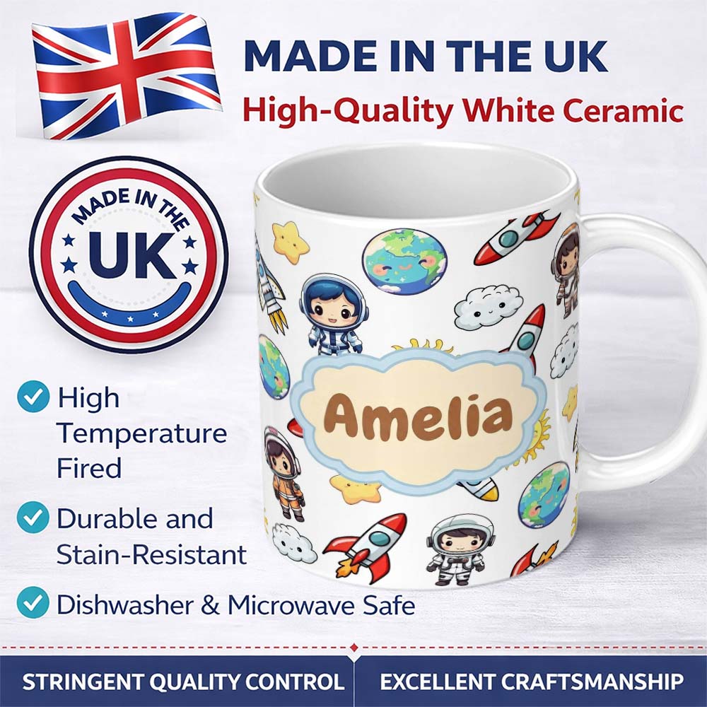 Personalized Custom Name Kids Astronaut Rockets Sun Earth Clouds Space Seamless White 11oz Ceramic Coffee Tea Mug White Large Handle
