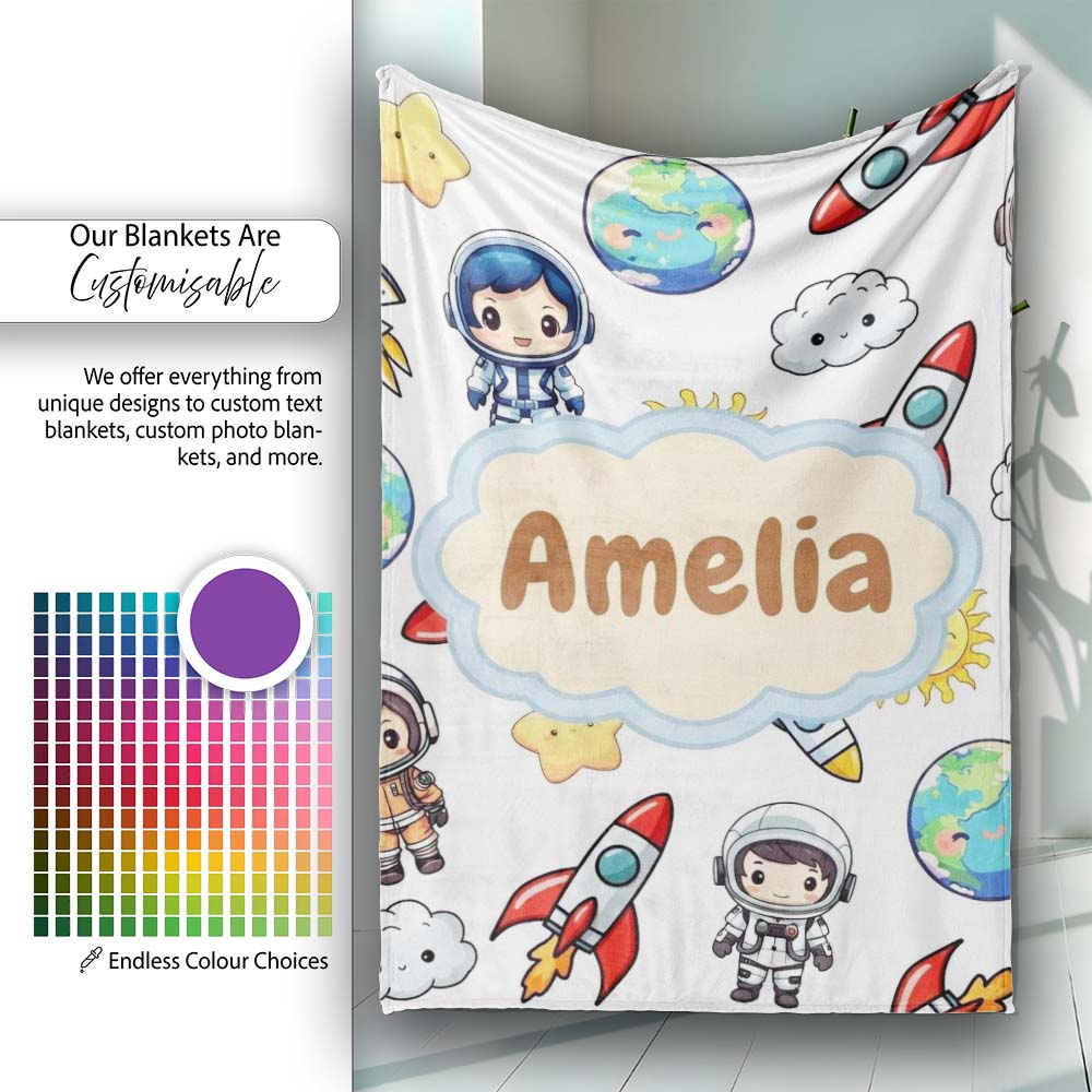 Kids Astronaut Rockets Sun Earth Clouds Space Seamless White  Personalised Custom Name Super Soft Fleece Blanket Bed Sofa Throw