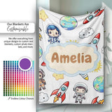 Kids Astronaut Rockets Sun Earth Clouds Space Seamless White  Personalised Custom Name Super Soft Fleece Blanket Bed Sofa Throw
