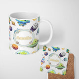 Personalized Custom Name Space Alien Astronaut Planets Meteors UFO Seamless White Background 11oz Ceramic Coffee Tea Mug White Large Handle