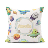 Custom Name Space Alien Astronaut Planets Meteors Seamless White Square Filled Cushion Throw Pillow Sofa Bed Home Decor Zip Washable UK Made