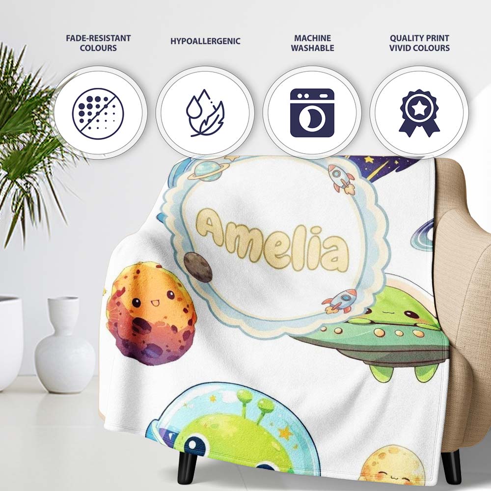 Space Alien Astronaut Planets Meteors UFO Seamless White Background  Personalised Custom Name Super Soft Fleece Blanket Bed Sofa Throw