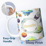 Personalized Custom Name Space Alien Astronaut Planets Meteors UFO Seamless White Background 11oz Ceramic Coffee Tea Mug White Large Handle