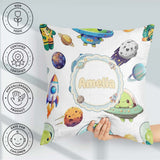 Custom Name Space Alien Astronaut Planets Meteors Seamless White Square Filled Cushion Throw Pillow Sofa Bed Home Decor Zip Washable UK Made