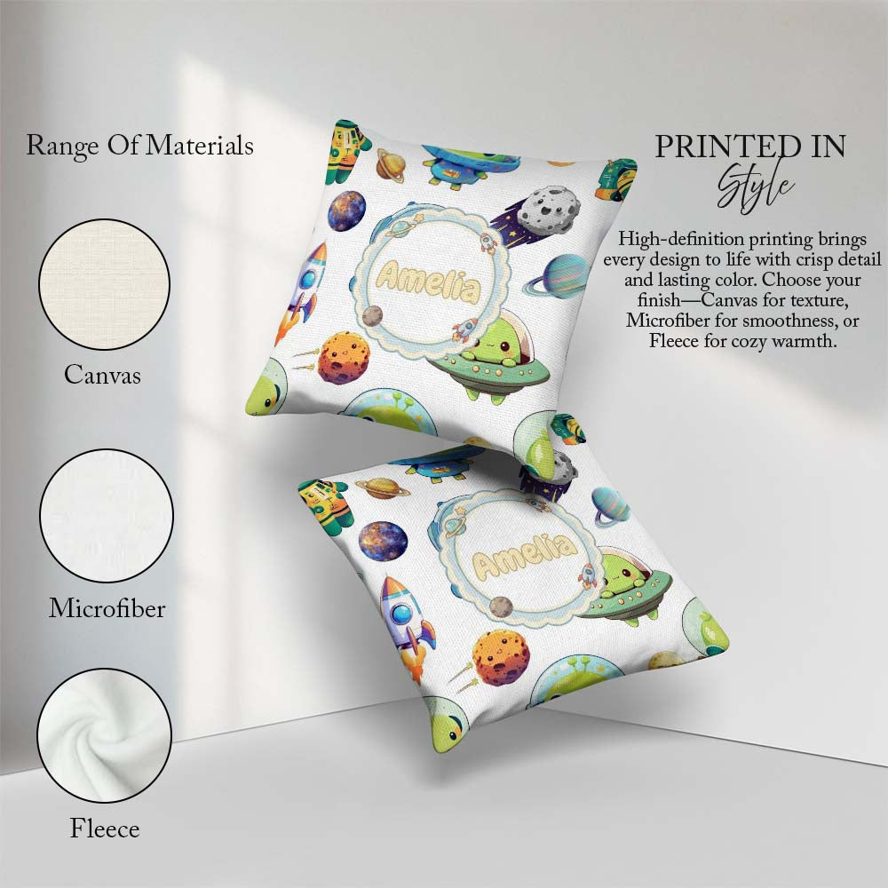 Custom Name Space Alien Astronaut Planets Meteors Seamless White Square Filled Cushion Throw Pillow Sofa Bed Home Decor Zip Washable UK Made