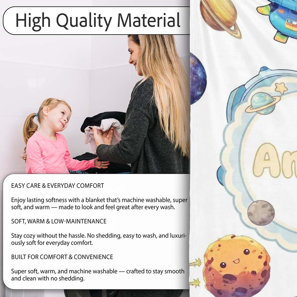 Space Alien Astronaut Planets Meteors UFO Seamless White Background  Personalised Custom Name Super Soft Fleece Blanket Bed Sofa Throw