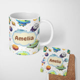 Personalized Custom Name Space Alien Astronaut Planets Meteors UFO Seamless Light Background 11oz Ceramic Coffee Tea Mug White Large Handle