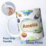 Personalized Custom Name Space Alien Astronaut Planets Meteors UFO Seamless Light Background 11oz Ceramic Coffee Tea Mug White Large Handle