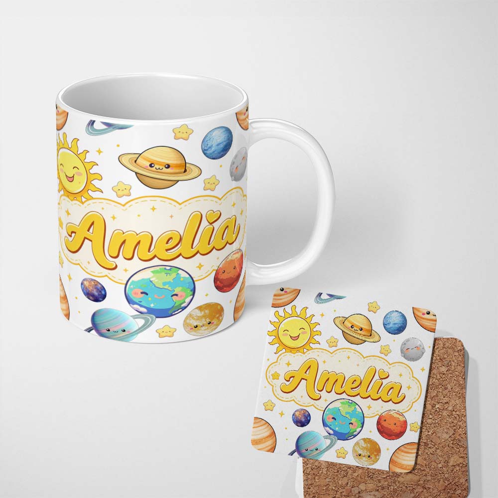 Personalized Custom Name Solar System Planets Sun Stars Space Seamless Soft Grey Background 11oz Ceramic Coffee Tea Mug White Large Handle
