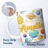 Personalized Custom Name Solar System Planets Sun Stars Space Seamless Soft Grey Background 11oz Ceramic Coffee Tea Mug White Large Handle