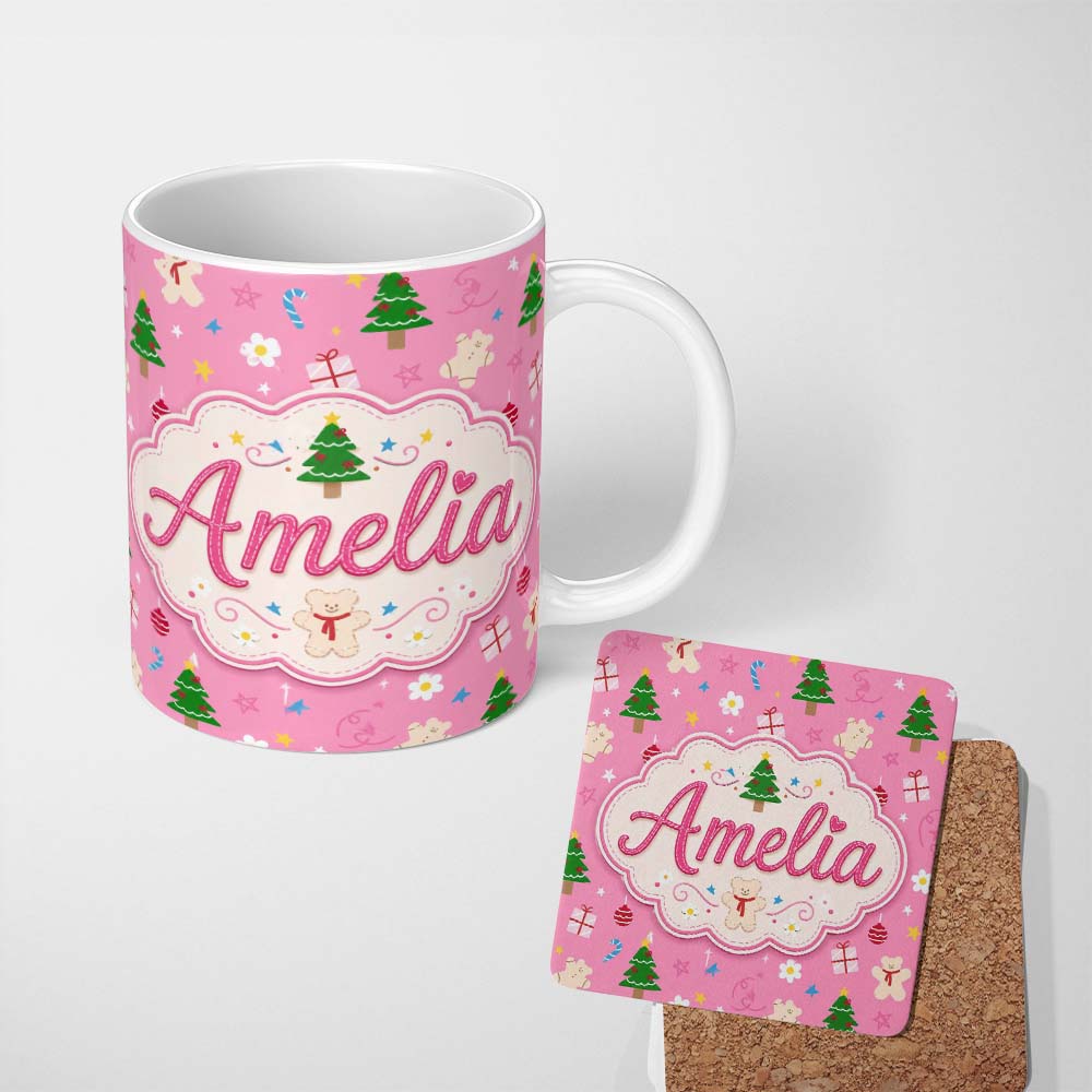 Personalized Custom Name Cute Christmas Cookie Candy Cane Tree Seamless Pattern Lovely 11oz Ceramic Coffee Tea Mug White Large Handle