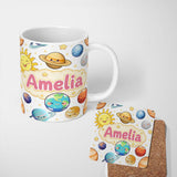 Personalized Custom Name Solar System Planets Sun Stars Space Seamless White Background Name 11oz Ceramic Coffee Tea Mug White Large Handle