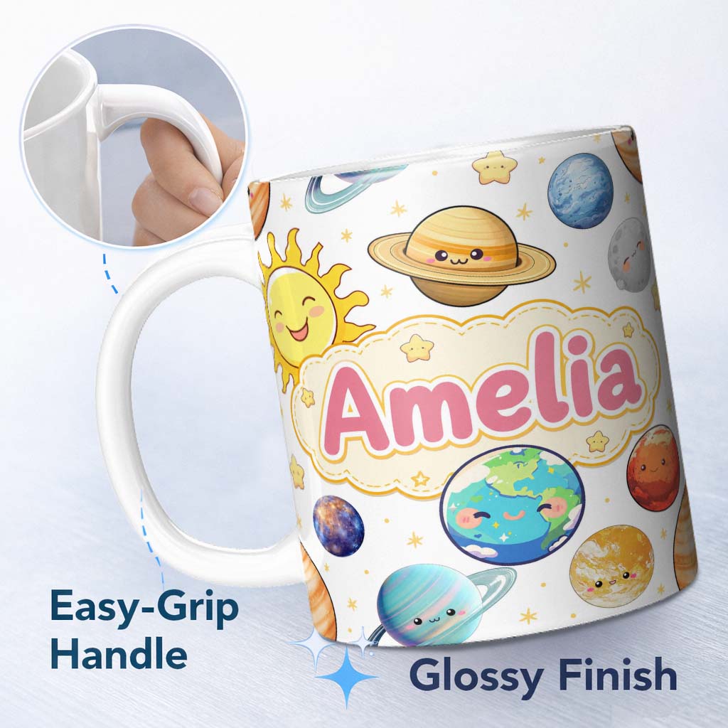 Personalized Custom Name Solar System Planets Sun Stars Space Seamless White Background Name 11oz Ceramic Coffee Tea Mug White Large Handle