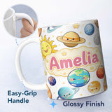 Personalized Custom Name Solar System Planets Sun Stars Space Seamless White Background Name 11oz Ceramic Coffee Tea Mug White Large Handle