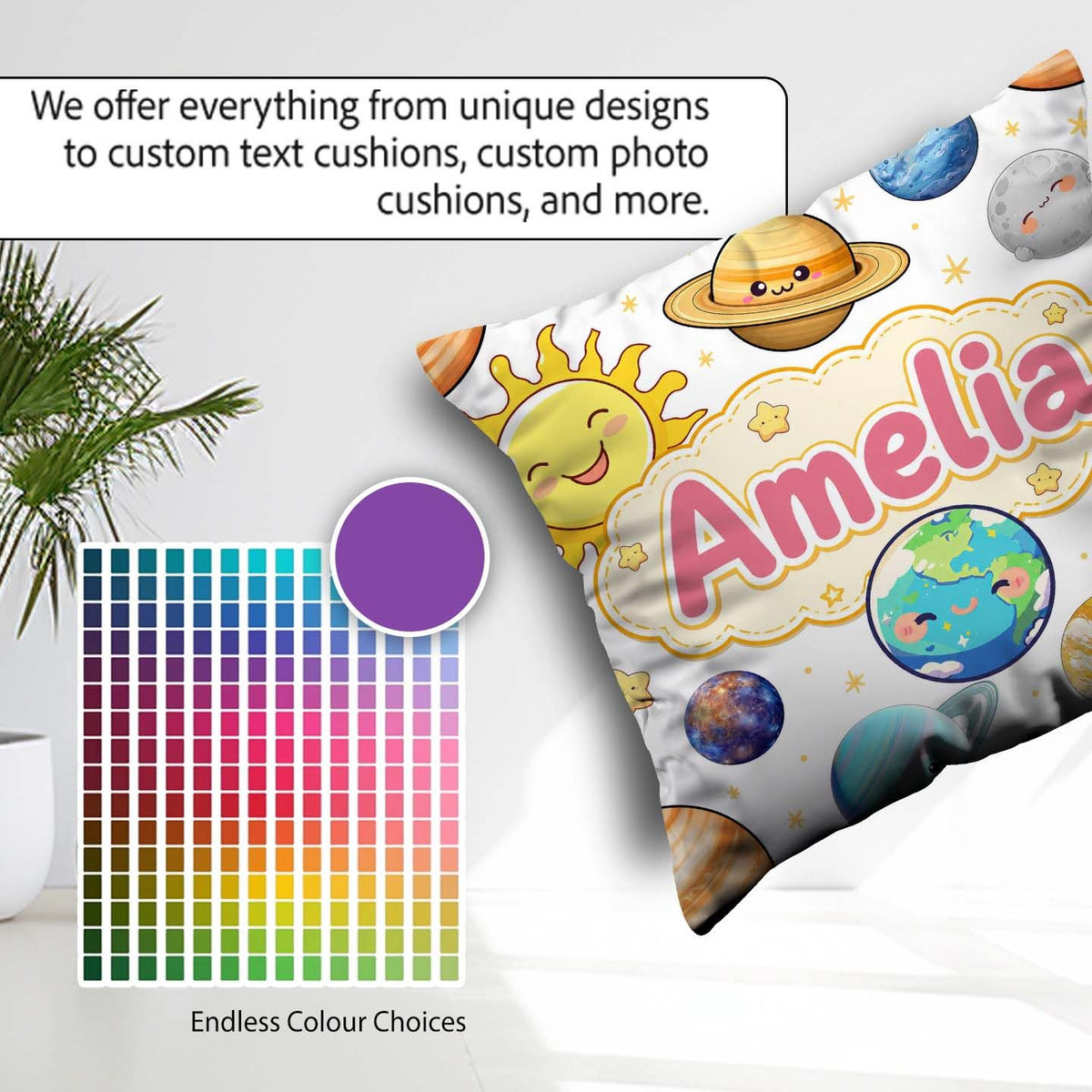 Custom Name Solar System Planets Stars Space Seamless White Name Square Filled Cushion Throw Pillow Sofa Bed Home Decor Zip Washable UK Made