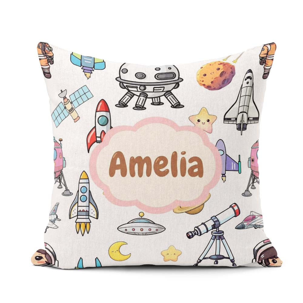 Custom Name Astronaut Rockets Satellites UFO Seamless Background Square Filled Cushion Throw Pillow Sofa Bed Home Decor Zip Washable UK Made