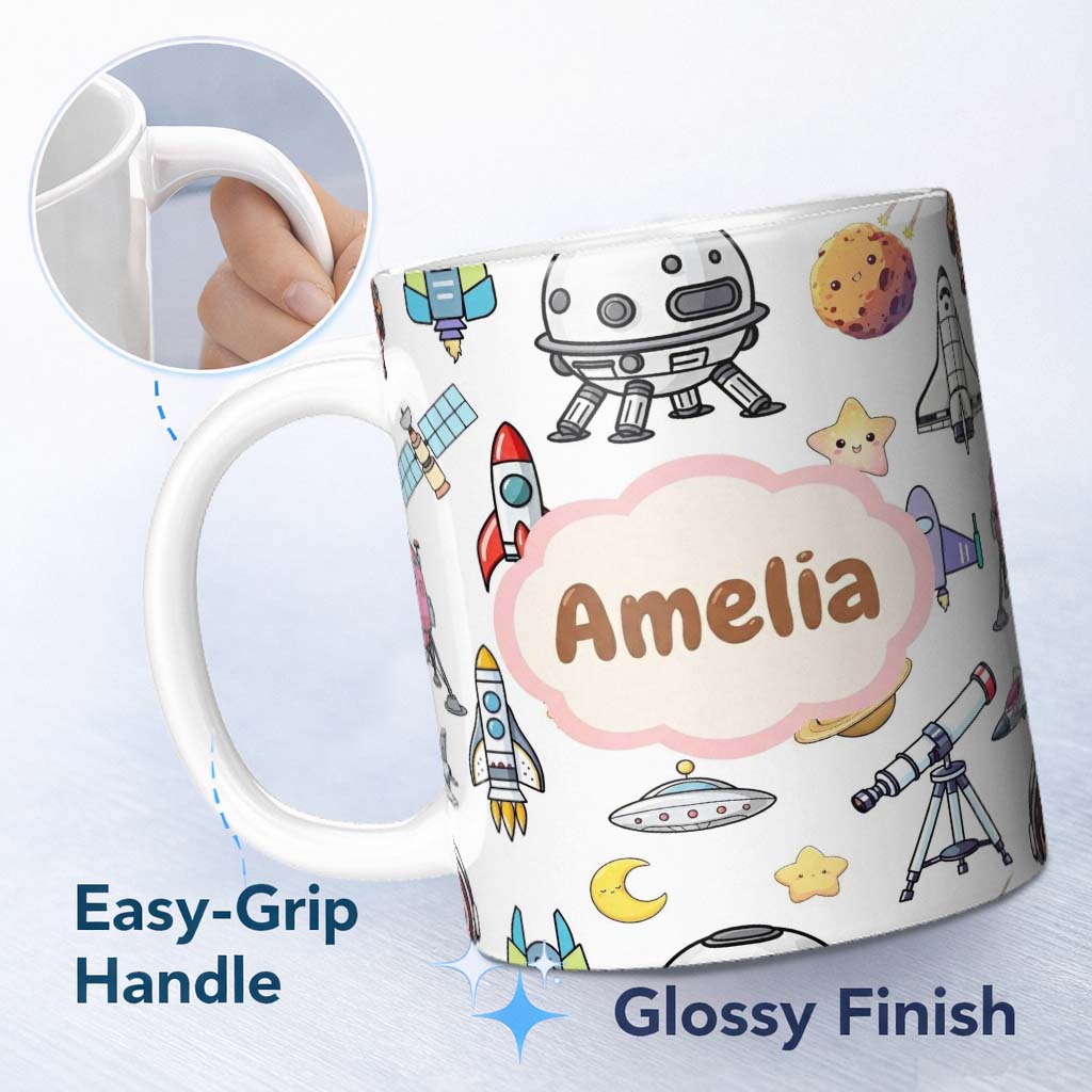 Personalized Custom Name Astronaut Rockets Satellites UFO Space Seamless Light Background 11oz Ceramic Coffee Tea Mug White Large Handle